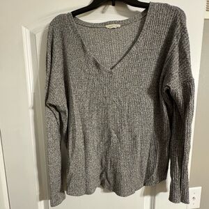 Gray Ribbed V-Neck Sweater